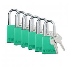 Brady SDAL-GRN-38ST-KD6 - Alum Padlock 1.5" Steel Shkl KD GN 6PK