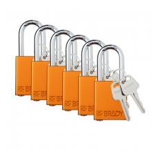 Brady SDAL-ORG-38ST-KD6 - Alum Padlock 1.5" Steel Shkl KD OR 6PK