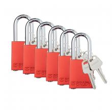 Brady SDAL-RED-38ST-KD6 - Alum Padlock 1.5" Steel Shkl KD RD 6PK