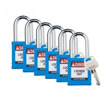 Brady SDPL-BLU-38ST-KD6 - Plastic Padlock 1.5" Stl Shkl KD BU 6PK