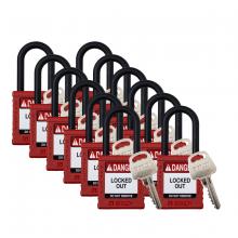 Brady SDPL-RED-38PL-KD12 - Plastic Padlock 1.5" Shackle KD RD 12PK