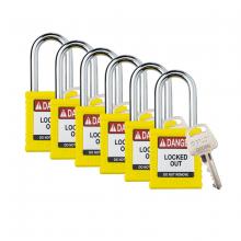 Brady SDPL-YLW-38ST-KA6 - Plastic Padlock 1.5" Stl Shkl KA YL 6PK